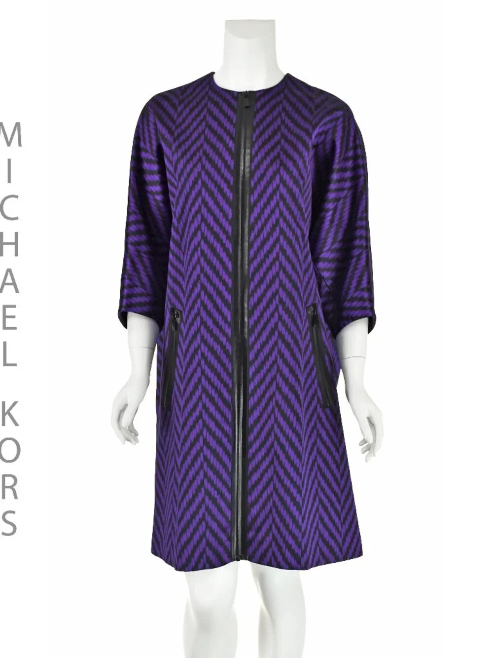 MICHAEL KORS Purple & Black Herringbone Satin Oversized Zipper Coat, SZ S/M NWOT